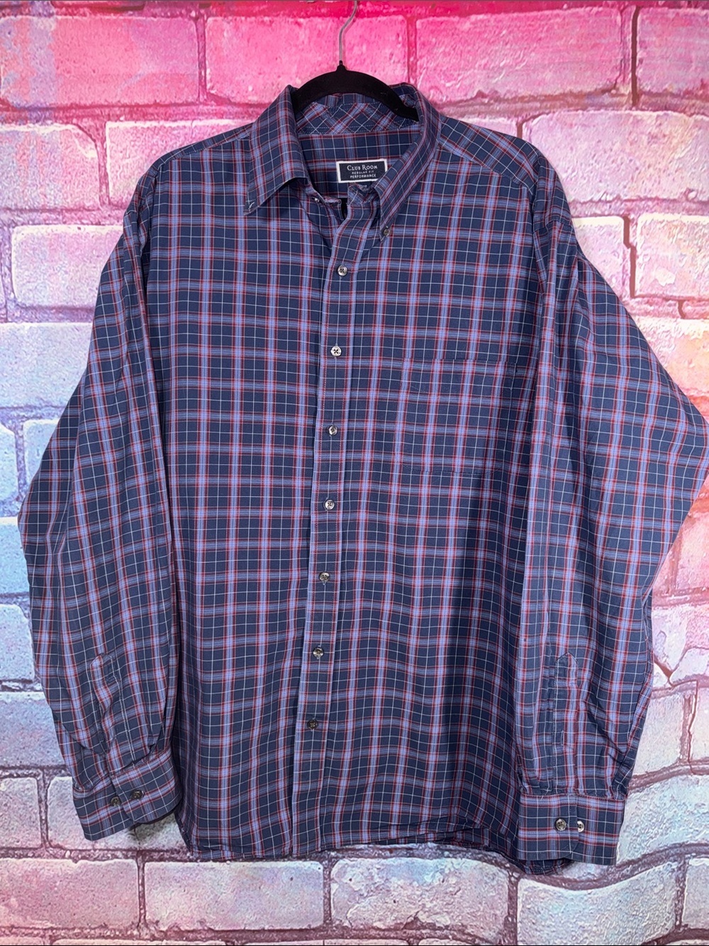Club Room Performance Men’s 17 17.5 Blue Red Plaid Button Down Shirt